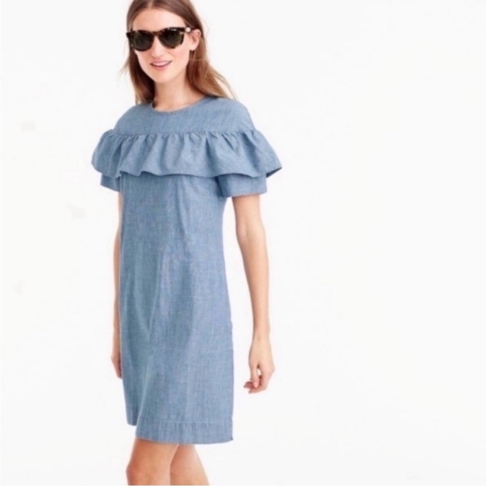 J Crew Edie Chambray Ruffle Sleeve Denim Dress Size 4